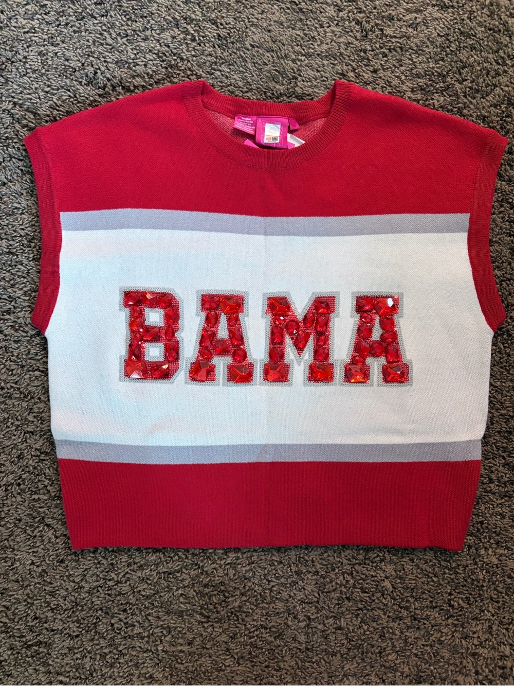 QUEEN OF SPARKLES Red & White 'BAMA' Sequin Knit Sleeveless Top - Picture 2 of 4